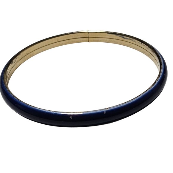 Vintage Gold Tone Blue Enamel Hinged Bangle Bracelet Retro 80s 90s Fashion - Picture 1 of 6